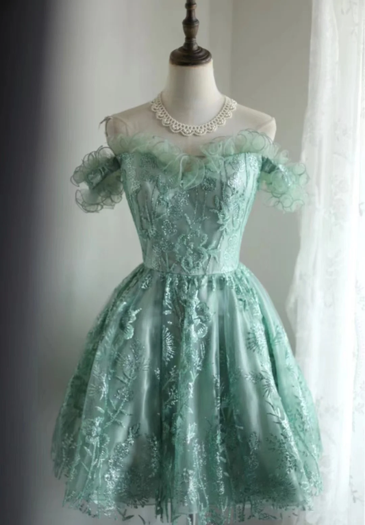 Vintage Ball Gown Off The Shoulder Green Lace Mini Short Formal 8th Grade Homecoming Dresses Summer Middle School Hoco Dress 20th Birthday Outfits DH1315