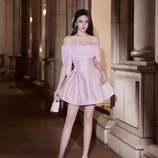 Sexy A line Off The Shoulder Sequin Pink Short Mini Formal 7th Grade Homecoming Dresses Middle School Cocktail Night Dress Hoco Outfits DH1531