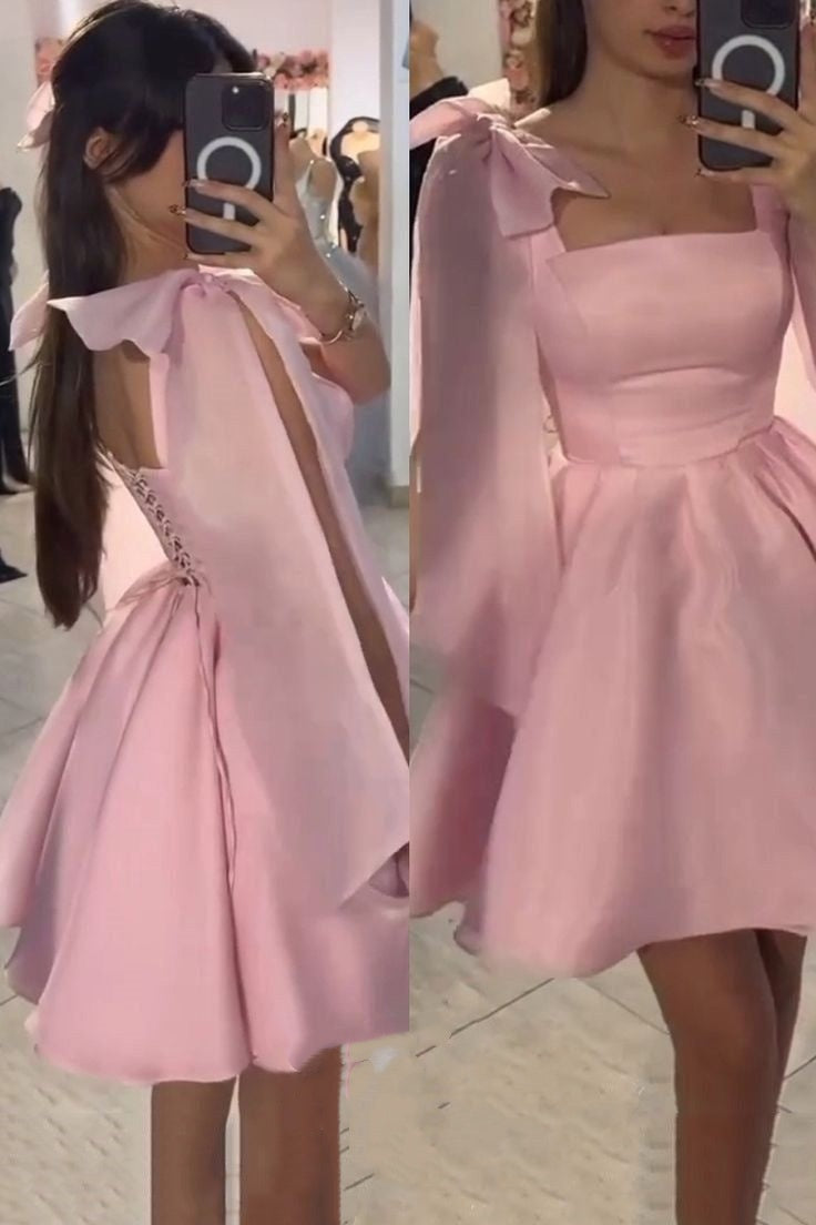 Modest Ball Gown Spaghetti Straps Pink Satin Formal Homecoming Dresses 8th Grad Dance Graduation Dress Short Hoco Dresses DH2585