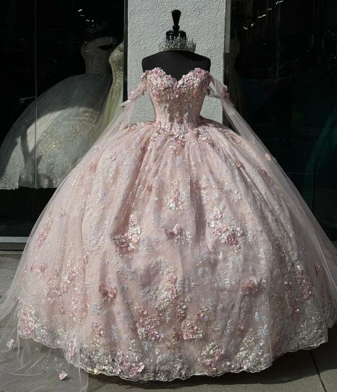Gorgeous Pink Applique Ball Gowns Tulle Lace Off-the-shoulder Long Quinceanera Dress Tulle Sweet Birthday Dress DH2692