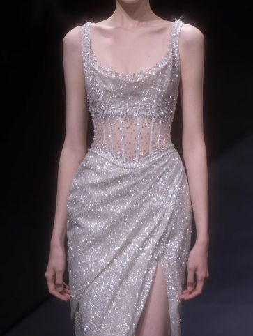 Light Champagne Glitter Tulle Sheath Evening Gowns Gorgeous Beaded Slit Formal Dresses Sparkly Sequin Sleeveless Long Prom Dresses DH2699