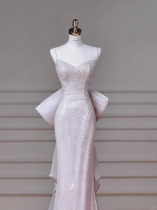 Modest Pink Spaghetti Strap Evening Dresses Mermaid Tulle with Bow Beading Long Prom Dresses Graduation Dresses DH02719