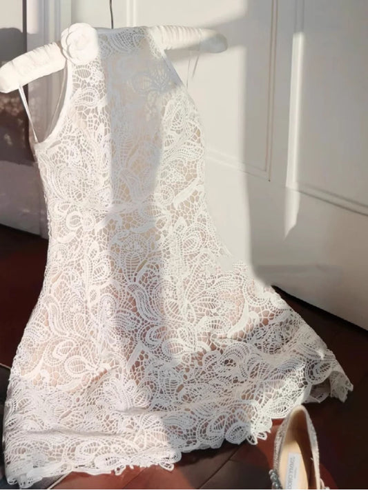 Pretty A Line High Neck White Lace Short Summer Homecoming Dress Hoco Dress Birthday Outfit 21st Birthday Mini Party Dresses DH417