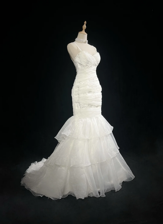 Retro Wedding Dress 1950s 1940s Mermaid Spaghetti Straps White Tulle Long Wedding Dresses Bridal Gowns Elegant Brides Gown DH573