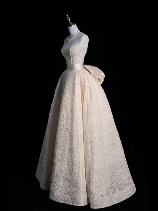 Unique Wedding Dress Ball Gown Strapless Neck Lace Long Wedding Dresses Bridal Gowns Elegant Brides Gown DH741
