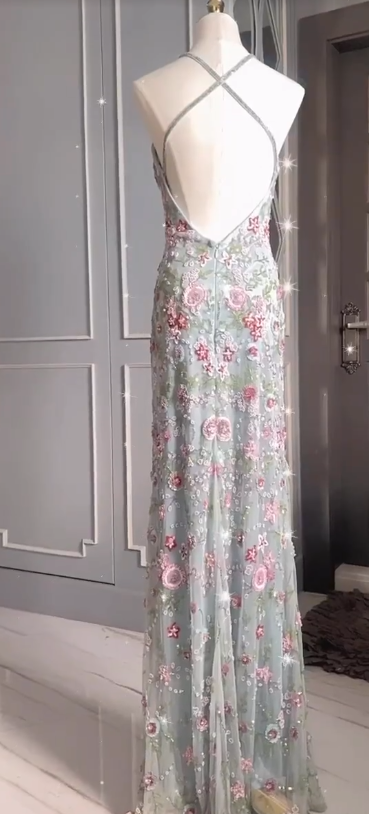 Vintage Sheath Gray Birthday Dress Sequins Tulle Beaded Long Prom Dress BacklessEvening Dresses DP04095