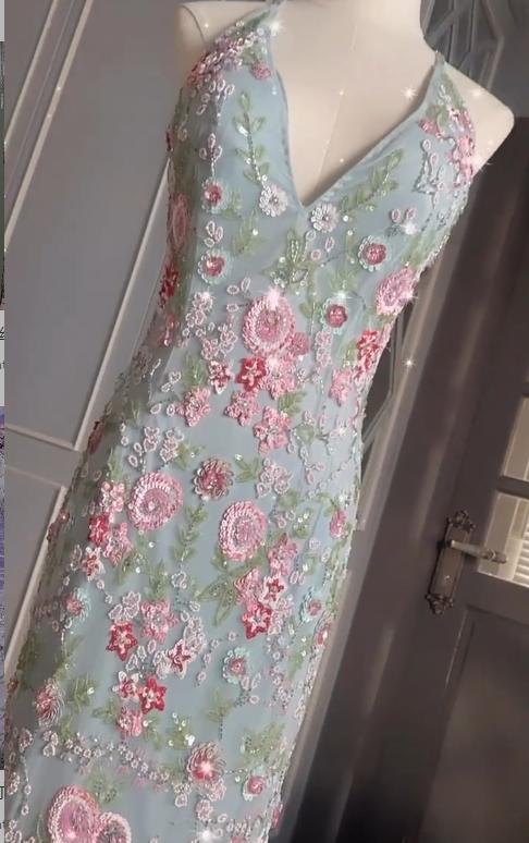 Vintage Sheath Gray Birthday Dress Sequins Tulle Beaded Long Prom Dress BacklessEvening Dresses DP04095