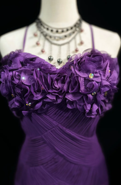 Elegant Spaghetti Straps Sheath Long Prom Dresses Chiffon Purple Evening Dresses DP04165