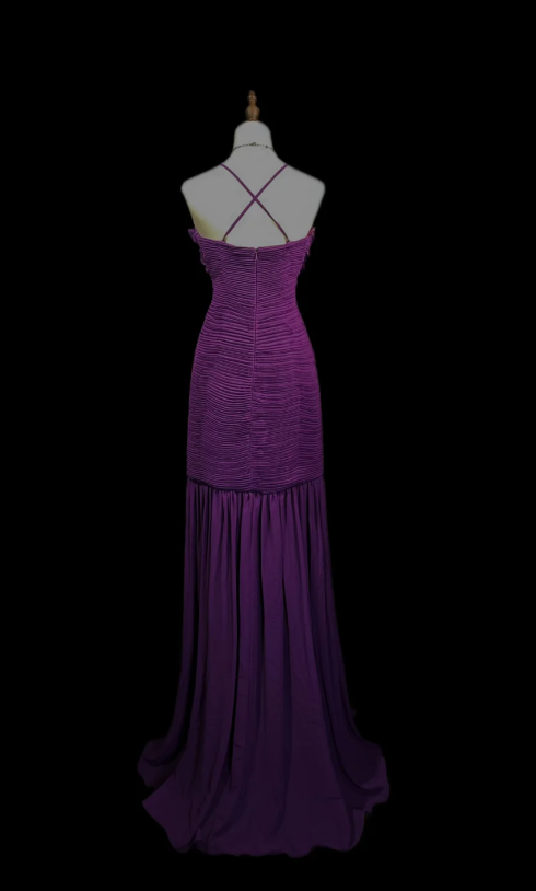 Elegant Spaghetti Straps Sheath Long Prom Dresses Chiffon Purple Evening Dresses DP04165