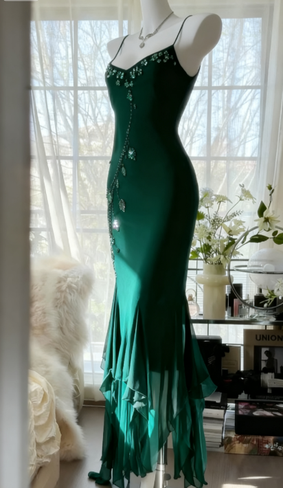 Chic Spaghetti Straps Sheath Long Prom Dresses Chiffon Beaded Dark Green Evening Gowns Sleeveless Birthday Dresses DP04173