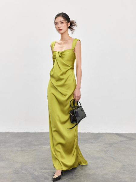 Elegant Straps Sheath Green Prom Dresses Satin Sleeveless Long Evening Dresses DP04194