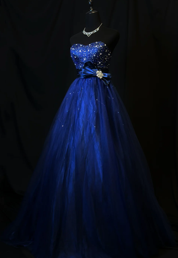 Chic A-Line Navy Blue Long Prom Dresses Sweetheart Birthday Dresses Tulle Sleeveless Evening Dresses DP04200