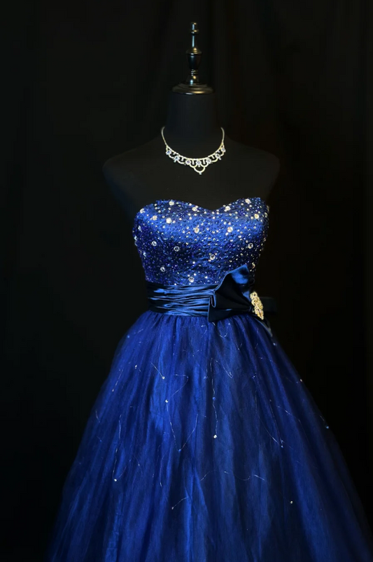 Chic A-Line Navy Blue Long Prom Dresses Sweetheart Birthday Dresses Tulle Sleeveless Evening Dresses DP04200