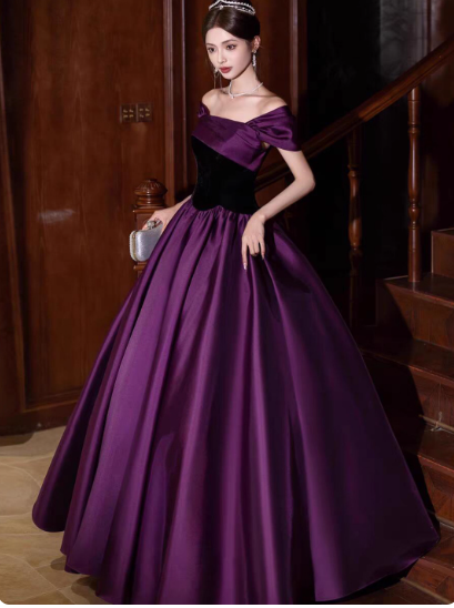 Cute One-shoulder A-Line Long Prom Dresses Satin Purple Evening Dresses Purple Birthday Dresses DP04224