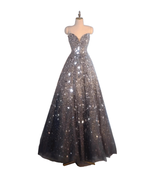 Sparkly Sweetheart A-Line Long Prom Dresses Mirrows Gray Evening Dresses Sleeveless Christmas Dresses DP04226