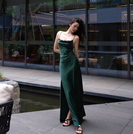 Simple Spaghetti Straps Sheath Long Prom Dresses Sleeveless Evening Dresses with Slit Satin Green Wedding Guest Dresses DP04253