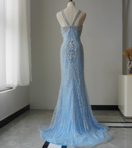 Elegant Halter Sheath Long Prom Dresses Beaded Tulle Blue Sleeveless Evening Dresses DP04270