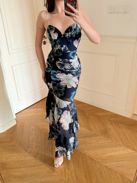 Sexy Spaghetti Straps Sheath Long Prom Dresses Chiffon Floral Evening Dresses Sleeveless Party Dresses DP04277