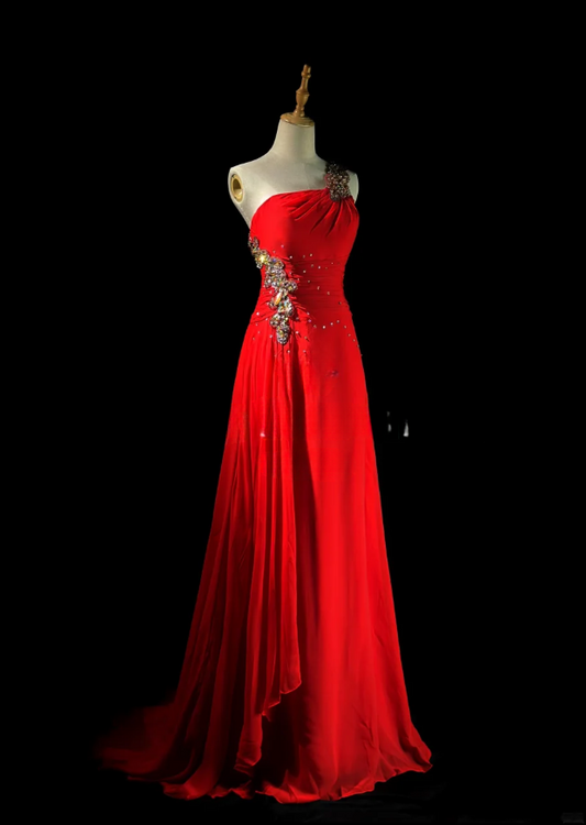 Elegant One-shoulder A-Line Long Prom Dresses Chiffon Beaded Red Evening Dresses Sleeveless Mother of Bride Dresses DP04282