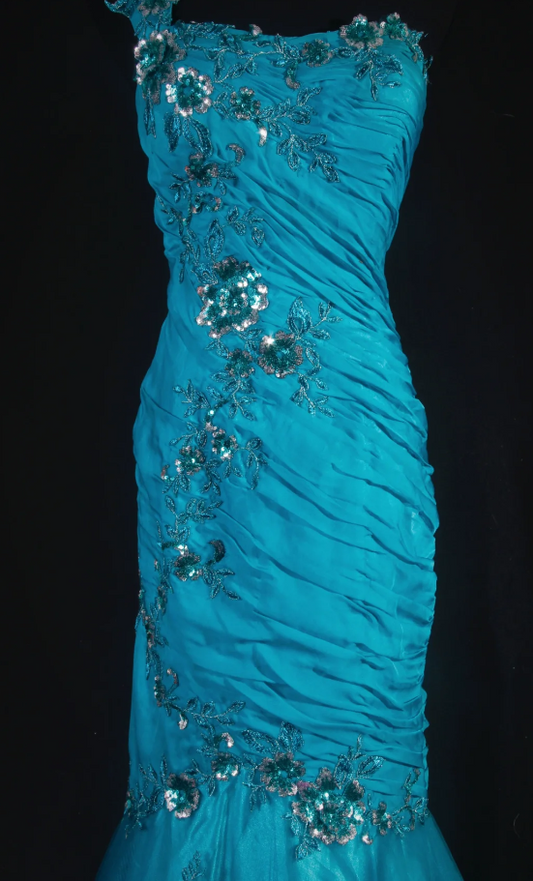 Turquoise Mermaid Long Prom Dresses Glam Tulle Appliques Sleeveless Evening Dresses One-shoulder Party Dresses DP04329