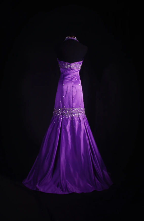 Purple Mermaid Long Prom Dresses Glam Beaded Satin Sleeveless Evening Dresses Halter Party Dresses DP04330
