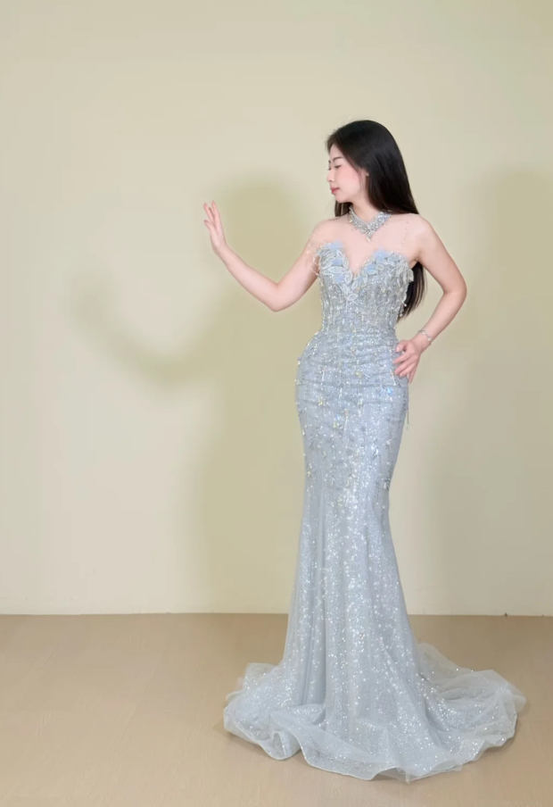 Elegant Gray Mermaid Long Prom Dresses Tulle Beaded Sleeveless Evening Dresses DP04352