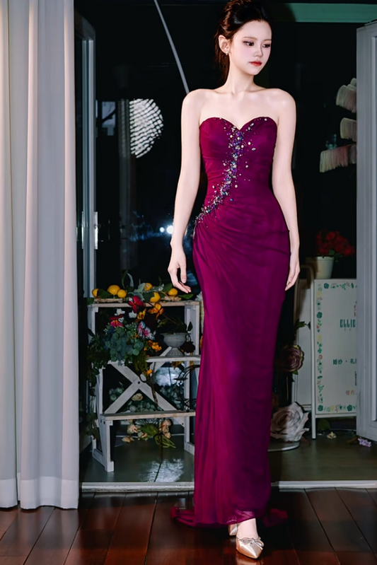 Elegant Grape Sheath Long Prom Dresses Chiffon Sleeveless Evening Dresses DP04355