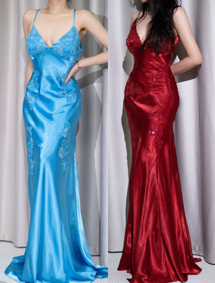 Chic Sheath Long Prom Dresses Satin Straps Evening Dresses DP04359