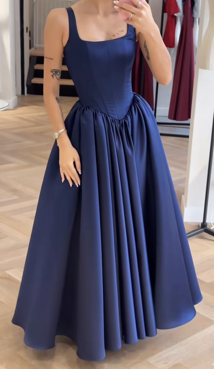 Navy Blue Sexy A-Line Long Prom Dresses Satin Straps Evening Dresses Sleeveless Birthday Dresses DP04395