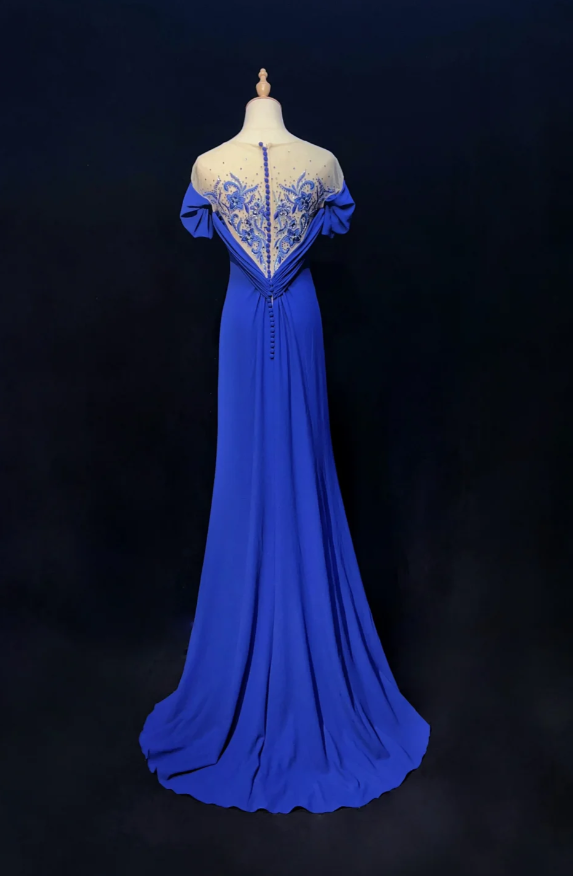 Glam Blue Sheath Long Evening Dresses Chiffon Short Sleeves Mother of Bride Dresses DP04402