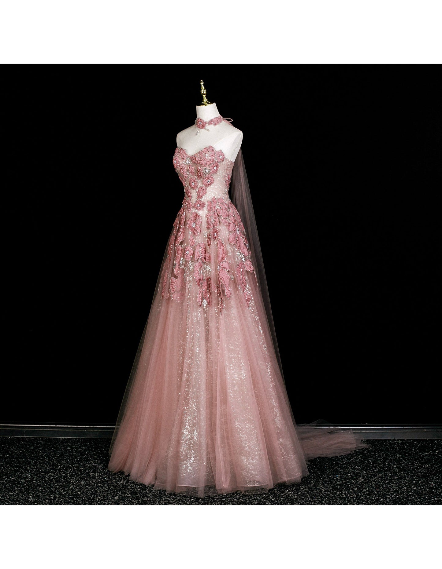 Gorgeous Strapless Birthday Dresses A-Line Peach Long Prom Dresses Appliques Beaded Tulle Sleevless Bridesmaid Dresses DP04423