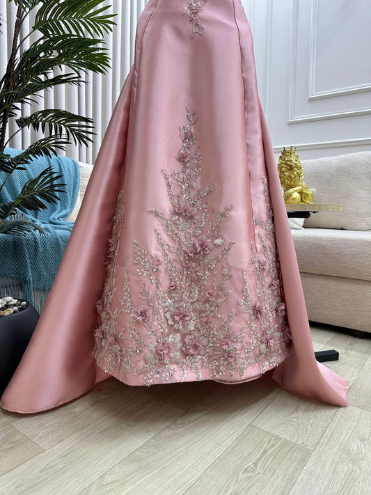 Elegant A-line Pink Long Prom Dresses Appliques Satin Strapless Birthday Dresses Beaded Sleevless Evening Dresses DP04431