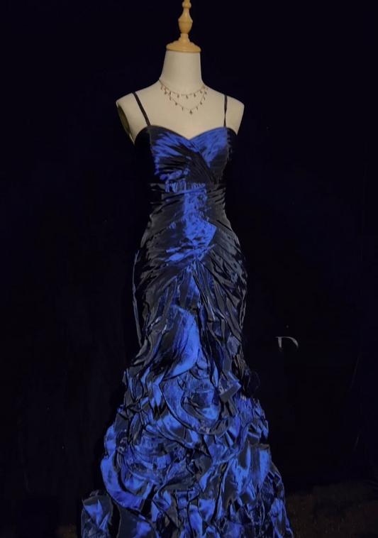 Retro Spaghetti Straps Sheath Long Prom Dresses Satin Blue Birthday Drseses Sleeveless Evening Dresses DP04457