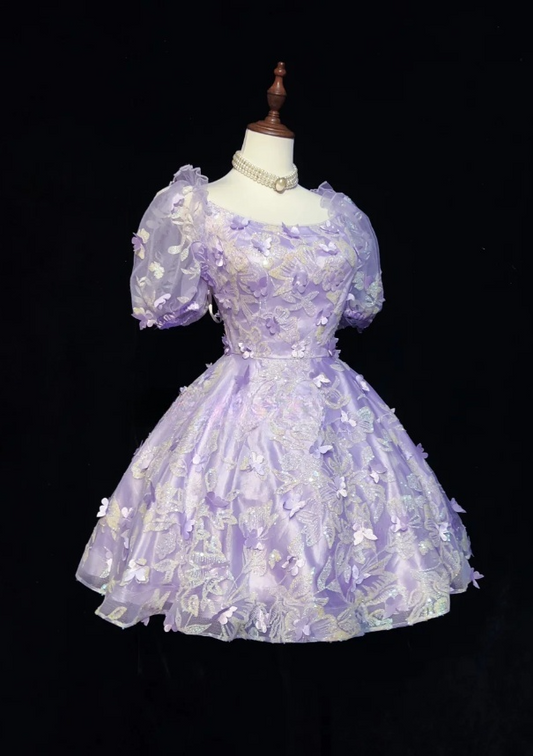 Cute Square Neck A-Line Short Prom Dresses Tulle Lilac Party Dresses Short Sleeves Evening Dresses DP04471