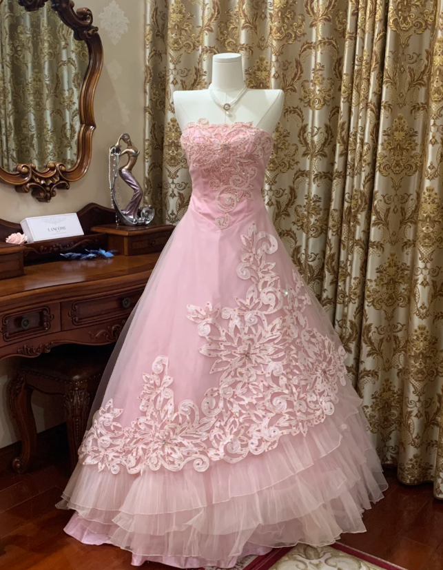 Cute A-Line Long Prom Dresses Tulle Pink Quinceanera Dresses Strapless Sweet 16 Dresses DP04476