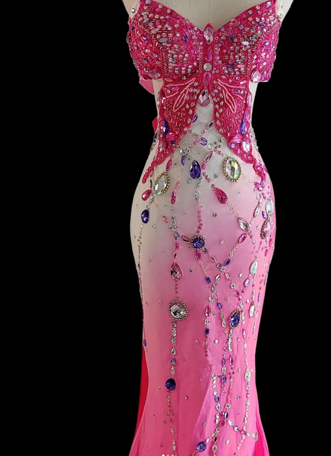 Sexy Pink Sheath Long Evening Dresses Beaded Chiffon Backless Prom Dresses Sleeveless Party Dresses DP04522
