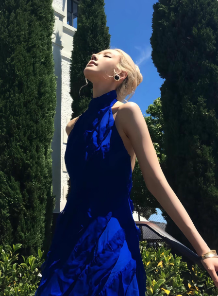 Chic Royal Blue Sheath Long Prom Dresses Chiffon Halter Evening Dresses Sleeveless Birthday Dresses DP04530