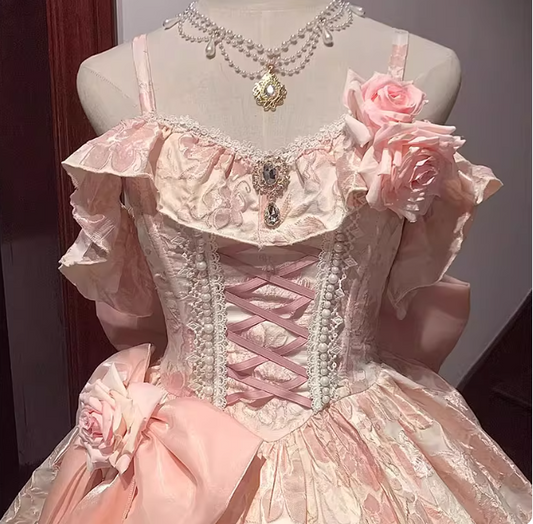 Cute Spaghetti Straps A-Line Lolita Dresses Sleeveless Pink Birthday Dresses Satin Party Dresses DP04559