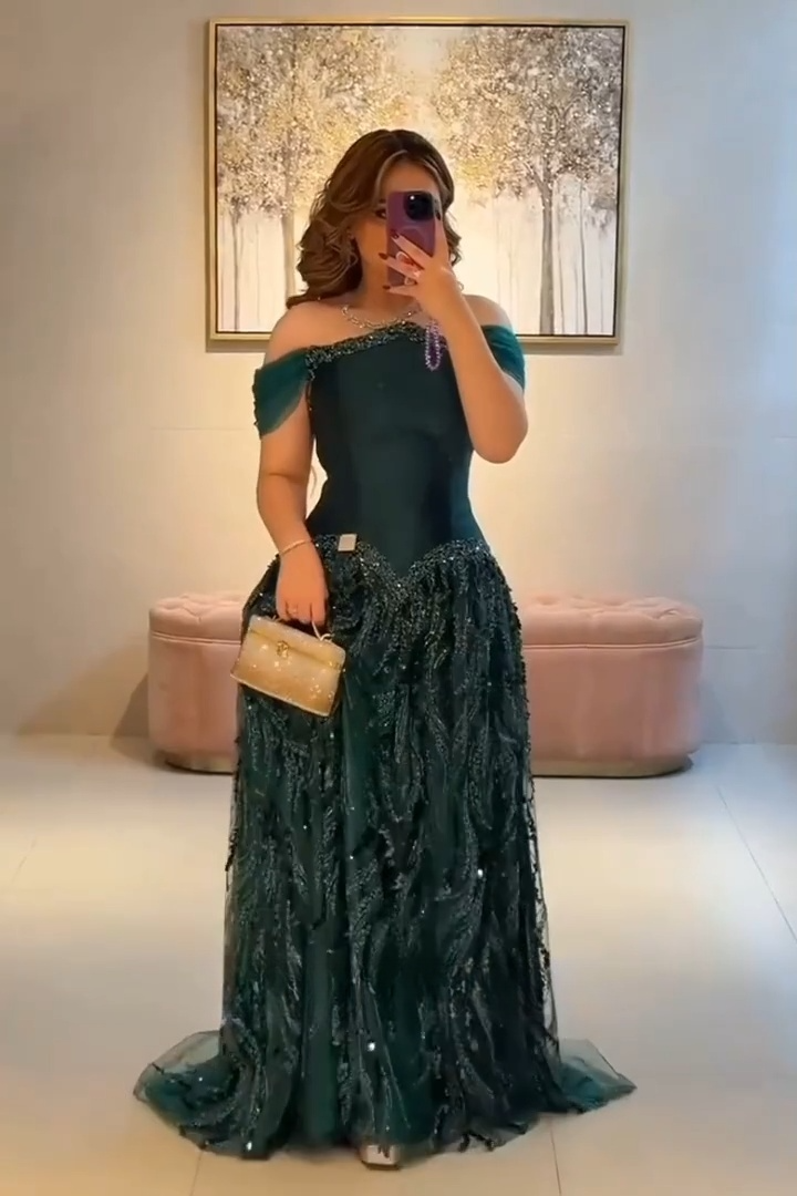 Sexy A-Line Evening Dresses Off-shoulder Dark Green Long Prom Dresses Satin Sleeveless Party Dresses DP04564