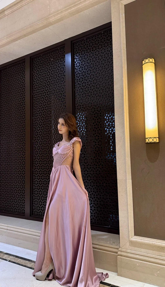 Chic A-Line Evening Dresses Straps Dusty Pink Long Prom Dresses Satin Sleeveless Party Dresses DP04566