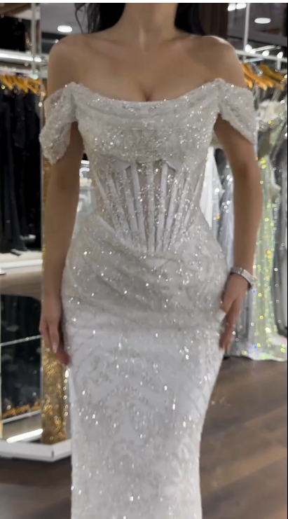 Chic Sheath Evening Dresses Beaded Tulle White Long Prom Dresses Off-shoulder Brithday Dresses DP04587
