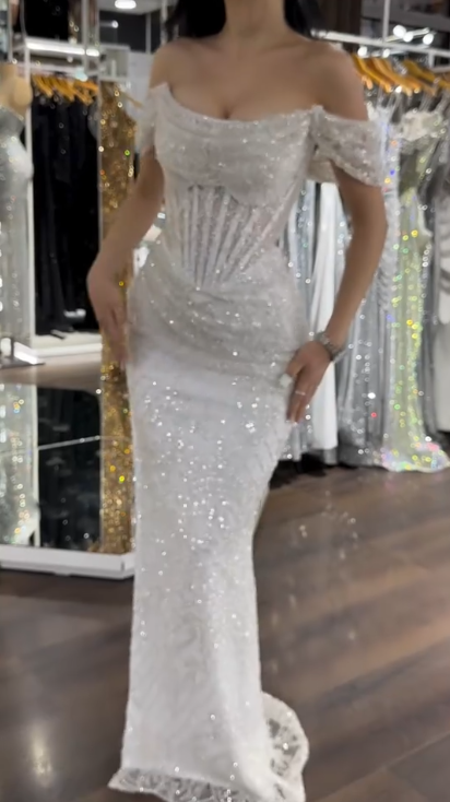 Chic Sheath Evening Dresses Beaded Tulle White Long Prom Dresses Off-shoulder Brithday Dresses DP04587