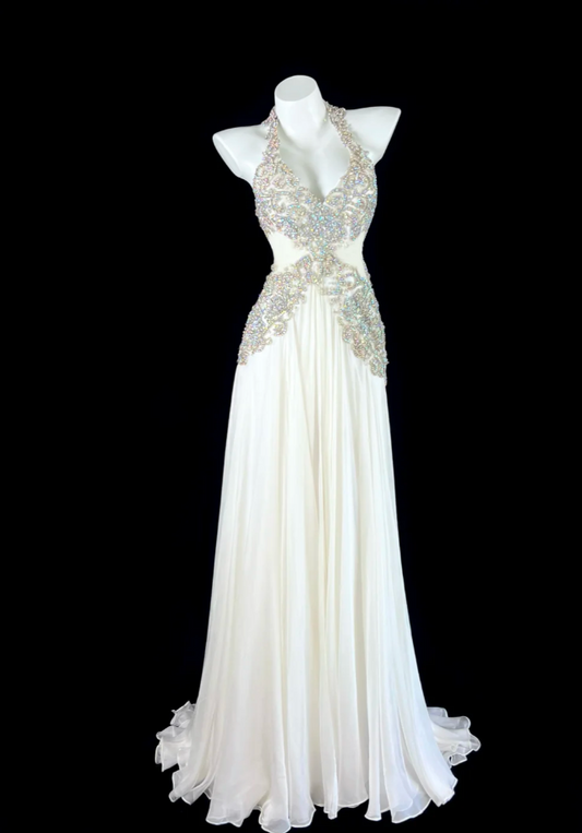 Chic Sheath Long Prom Dresses Beaded Chiffon V-neck Birthday Dresses White Backless Evening Dresses DP04663