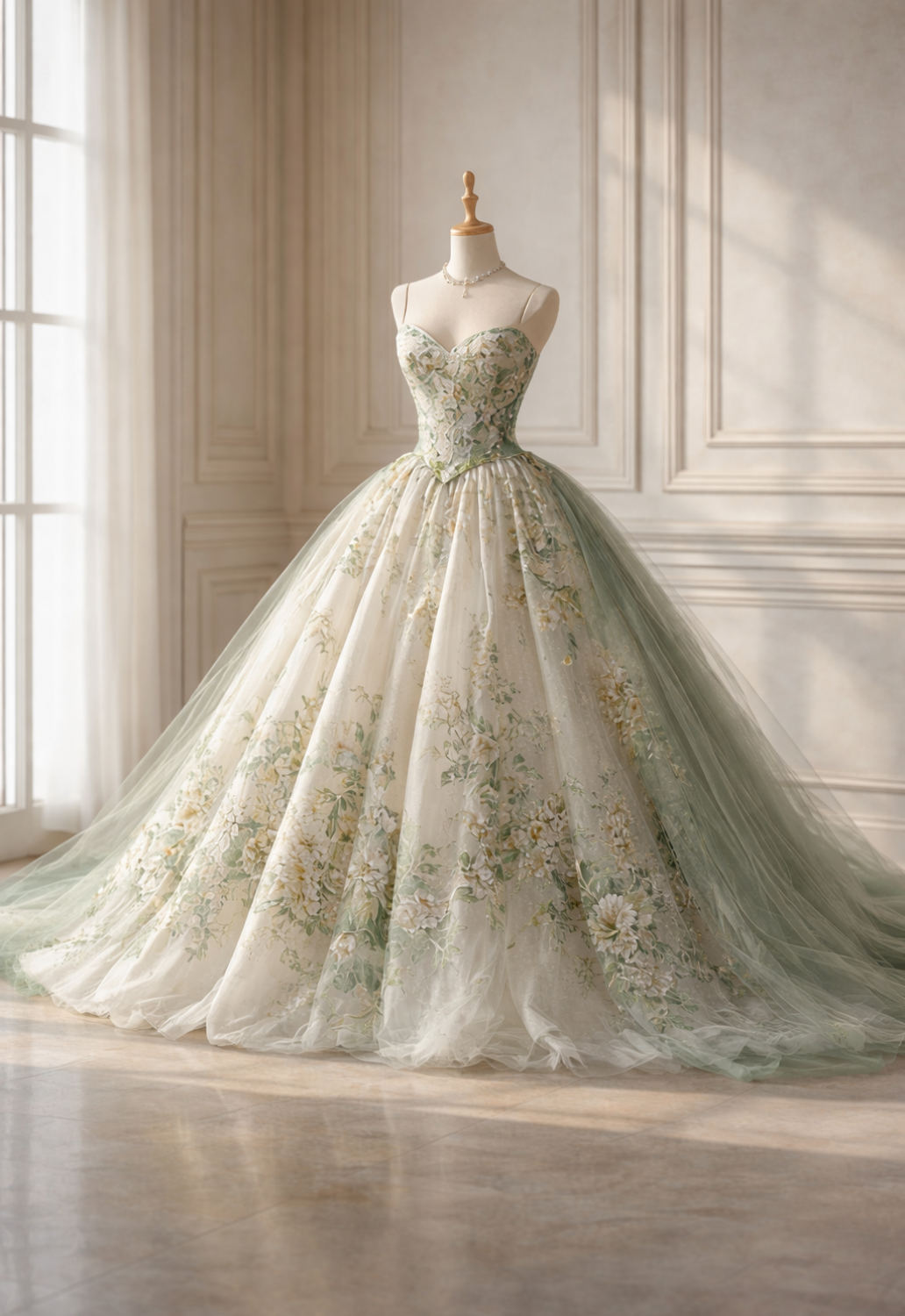 Cute Green Long Prom Dress Floral Tulle Ball Gown Sleeveless Evening Dress Sweet 16 Dress DP04875
