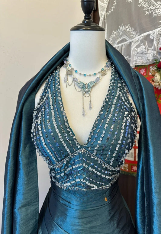 Cute Dark Teal Long Prom Dress Beaded Satin A-Line Sleeveless Evening Dress DP04876