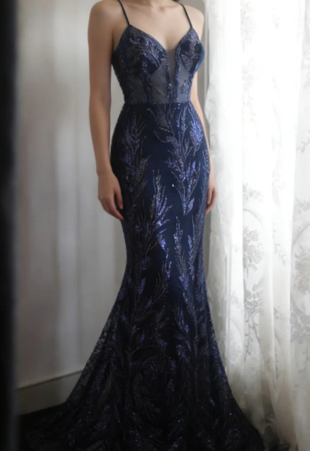 Cute Navy Blue Long Prom Dress Beaded Tulle Mermaid Sleeveless Evening Dress DP04877