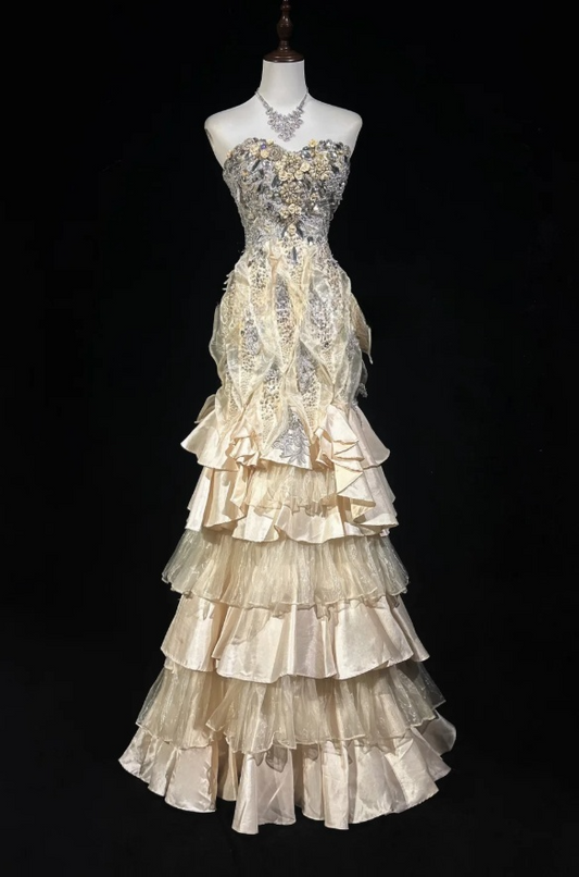 Chic Yellow Long Prom Dress Tulle Appliques Sweetheart Birthday Dress Mermaid Sleeveless Evening Dress DP04894