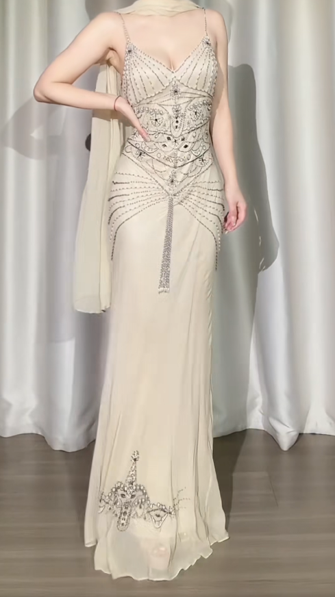 Chic Apricot Long Prom Dresses Beaded Chiffon Sheath Evening Dress Spaghetti Straps Party Outfit DP04968