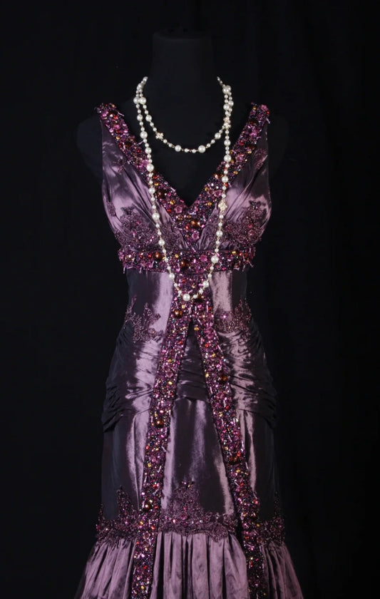 Vintage Grape Prom Dress V-Neck Sheath Evening Dress Satin Beaded Formal Dress DP05056