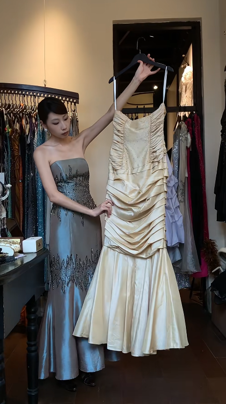 Vintage Gold Prom Dress Satin Strapless Mermaid Evening Dress DP05133